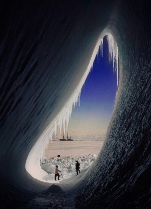 Zdjęcie z ekspedycji Terra Nova, Brytyjskiej Ekspedycji Antarktycznej, zrobione w grocie lodowej [1911]