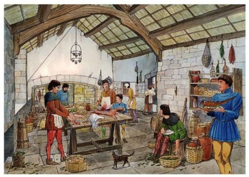 Cocina con personas en el periodo medieval