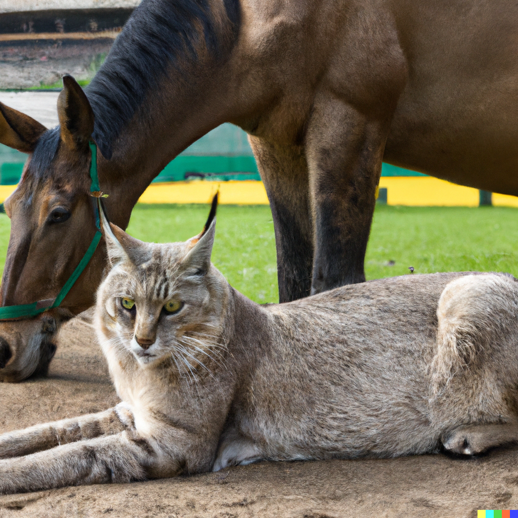 Lynx curled up next to the horse